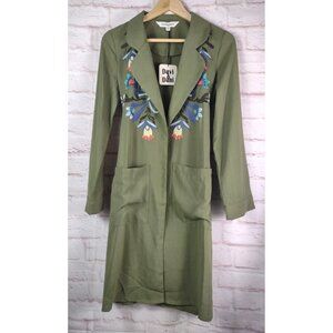 Davi & Dani Open Duster Sz S Green Embroidered Open Long Pockets Boho Hipster
